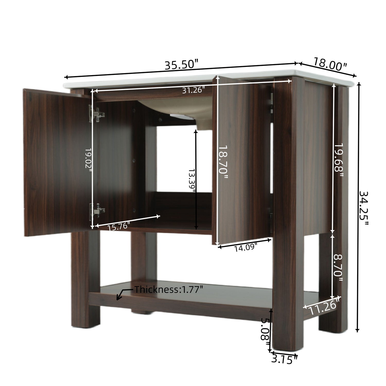 36&quot; Modern Bathroom Vanity With Rectangle Ceramic Sink, Bathroom Cabinet And 45 Degrees Free Handle Design Soft Closing Doors, 1 Open Shelf At The Bottom - Dark Brown
