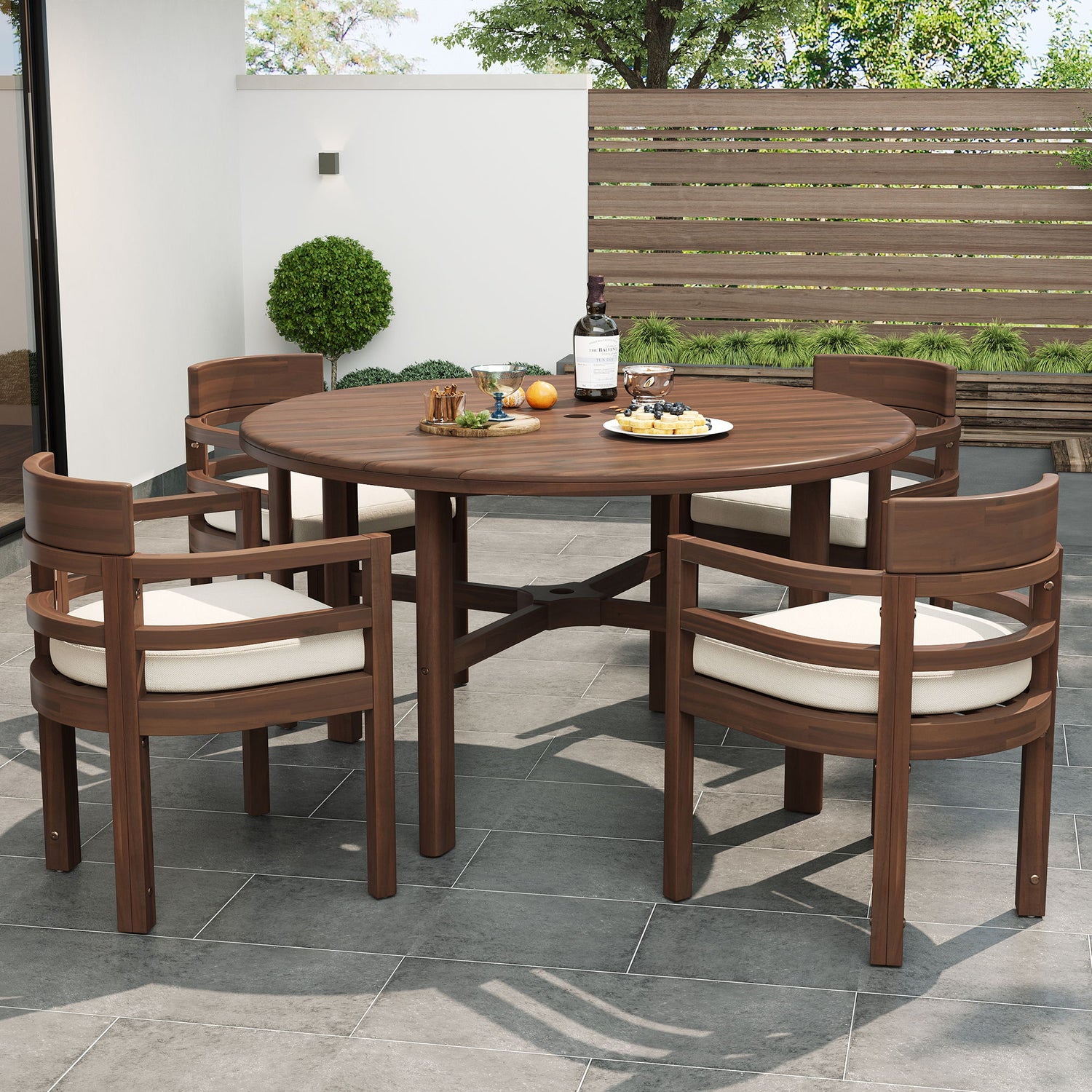 5 Piece Round Patio Table &amp; Cushioned Armrest Chairs, Outdoor Dining Set With Umbrella Hole