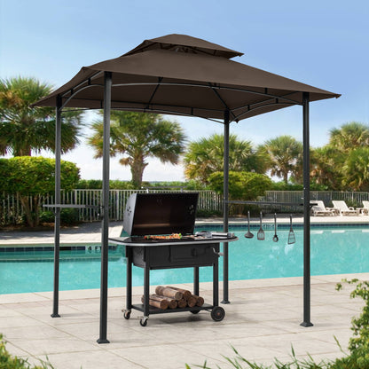 Outdoor Grill Gazebo With Double Tier Soft Top Canopy, Steel Frame, Bar Counters &amp; Hook