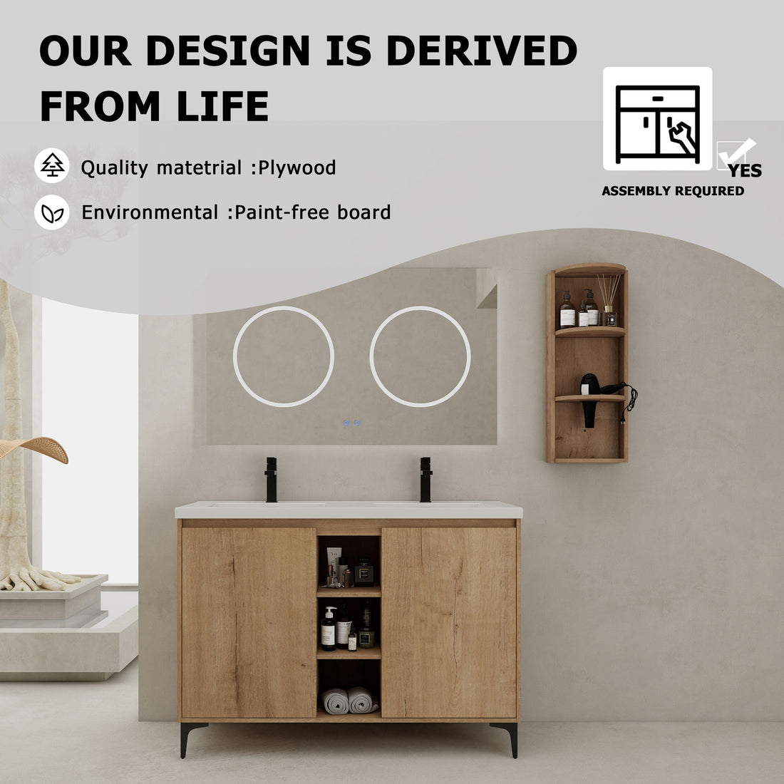 Elegant 48&quot; Freestanding Bathroom Vanity With Double Resin Sink And Storage Rack Soft Close Doors - Imitative Oak