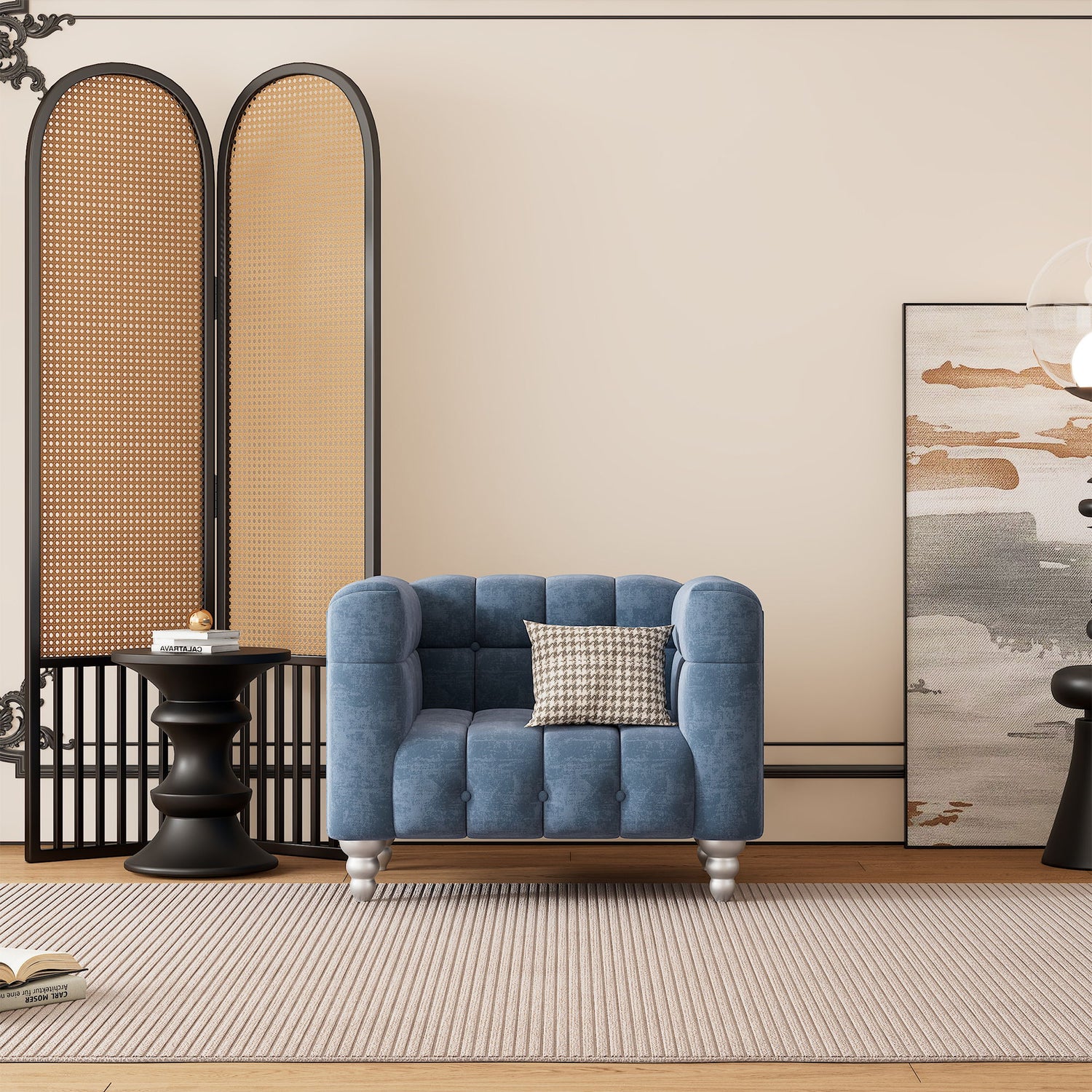 Modern Sofa Dutch Fluff Upholstered Sofa &amp; Wood Legs, Buttoned Tufted Backrest