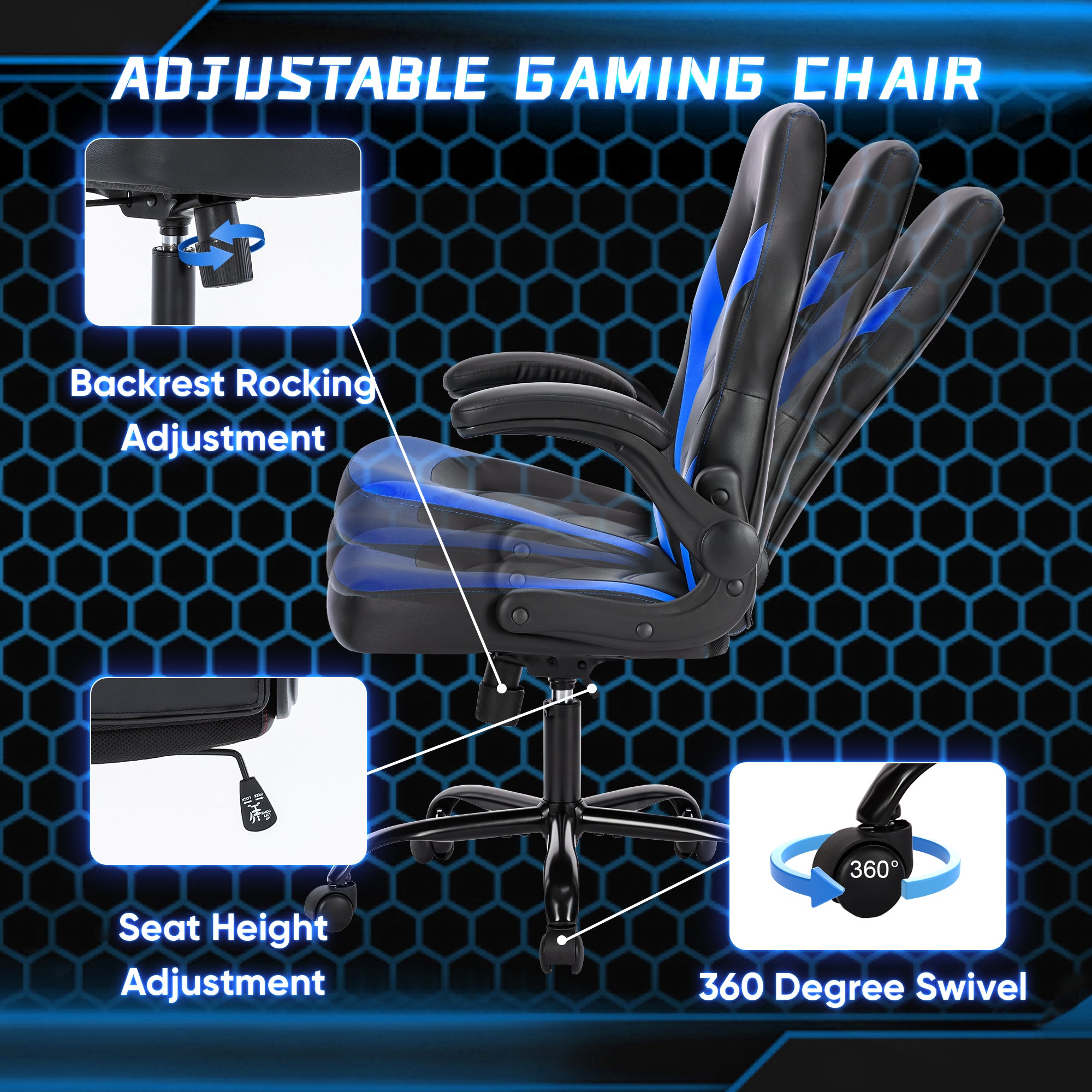 Sweetcrispy Gaming Chair - PU Leather Computer Chair Ergonomic Office Chair with Lumbar Support, Height Adjustable Rolling Desk Chairs with Flip-up Armrests