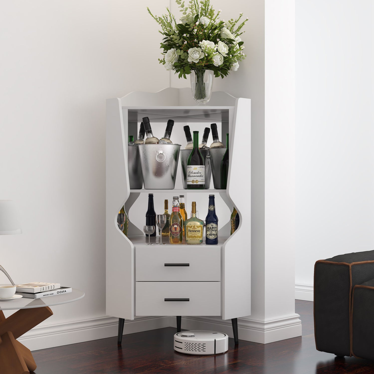 Corner Bar Cabinet With Mirrored Back, 2 Open Shelves &amp; 2 Drawers, High Legs For Easy Cleaning