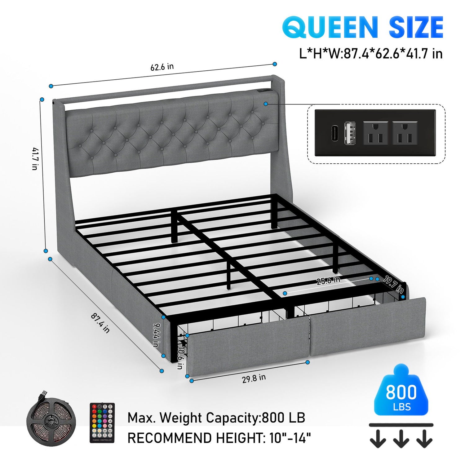 Bed Frame With Storage Headboard, RGB LED Light &amp; USB Charging Station