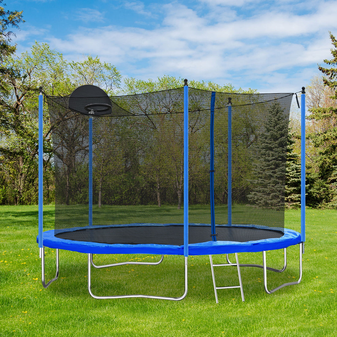 12Ft Trampoline For Adults &amp; Kids With Basketball Hoop, Outdoor Trampolines With Ladder And Safety Enclosure Net For Kids And Adults - Blue