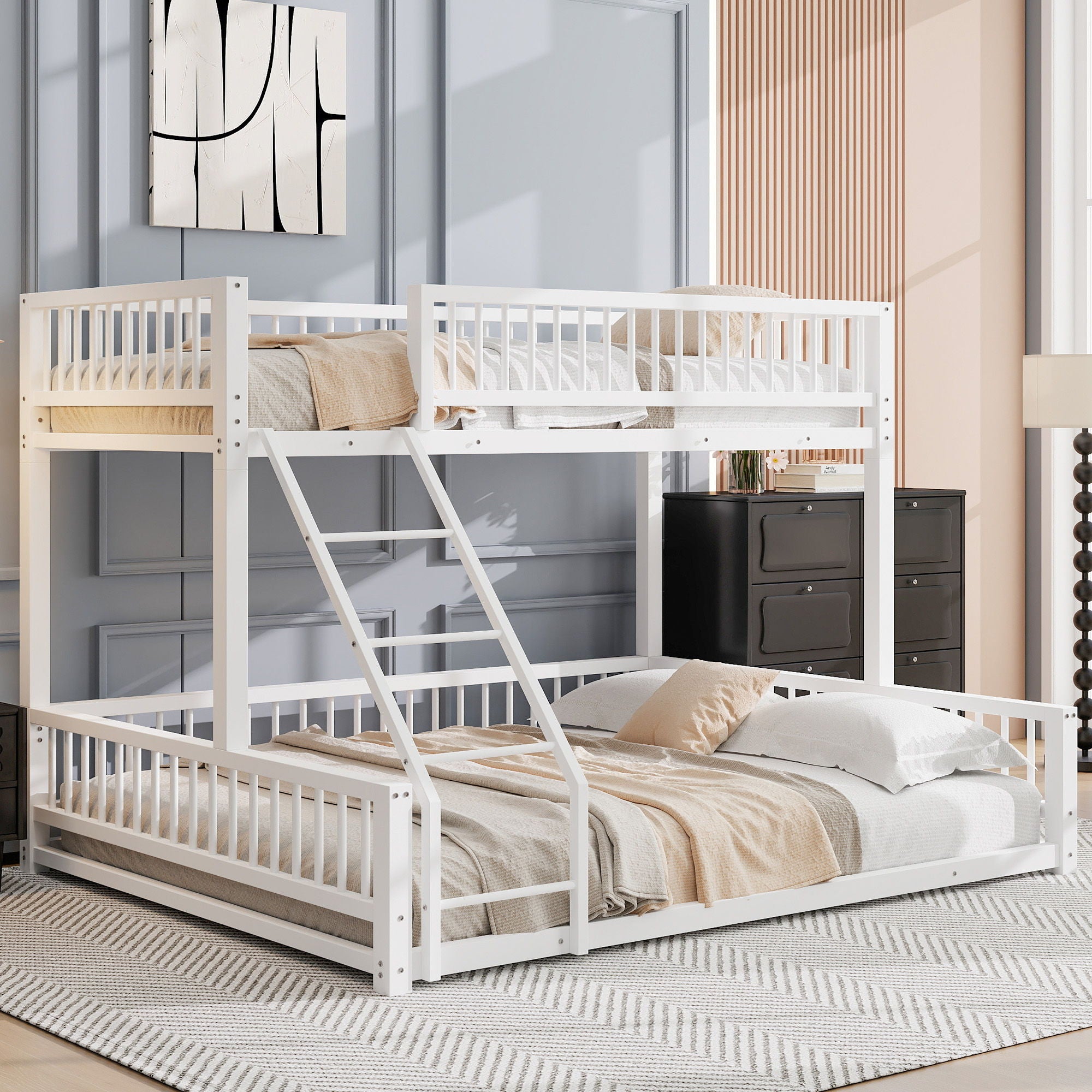 Bunk Bed Frame With Ladder And Safety Guardrails