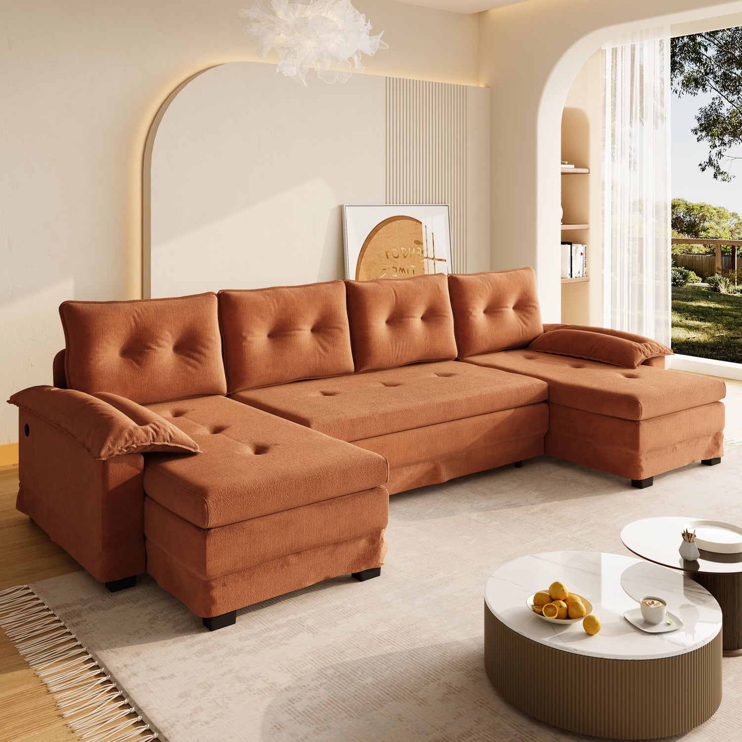 U-Shaped Sleeper Sofa With Pull Out Bed, Removable Armrests &amp; USB Ports For Living Room