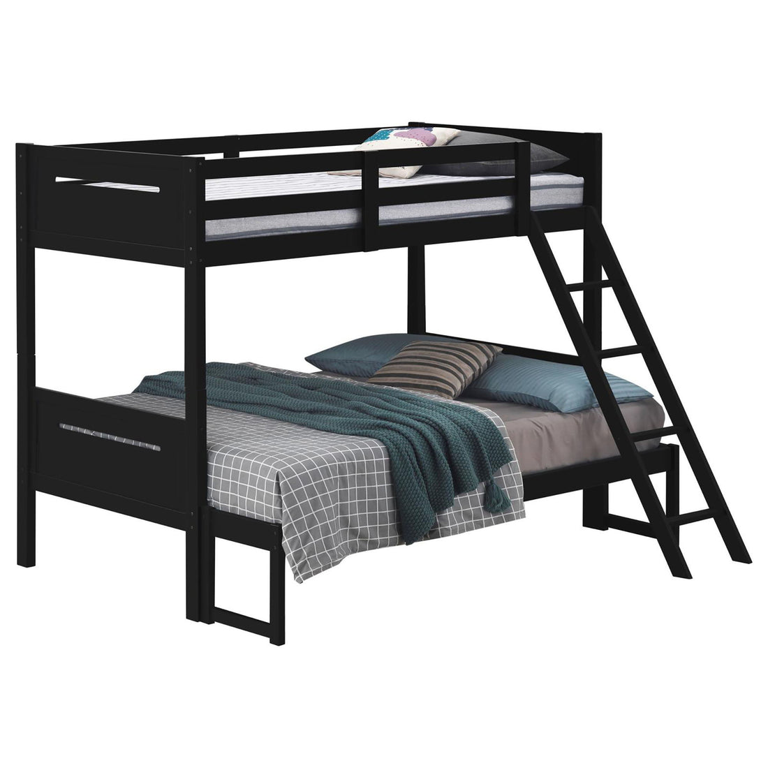 Twin Over Full Bunk Bed With Built In Ladder, Safety Guardrails - Black