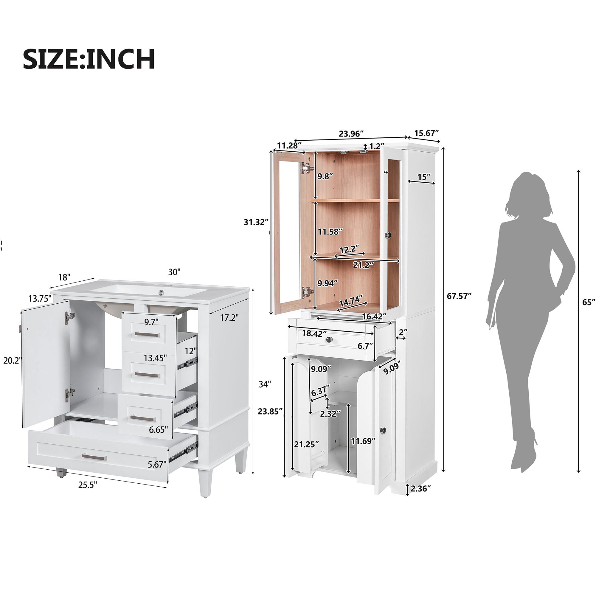 Bathroom Vanity &amp; Tall Storage Cabinet Set With Doors, Adjustable Shelves, Soft Close Hinges, Sink