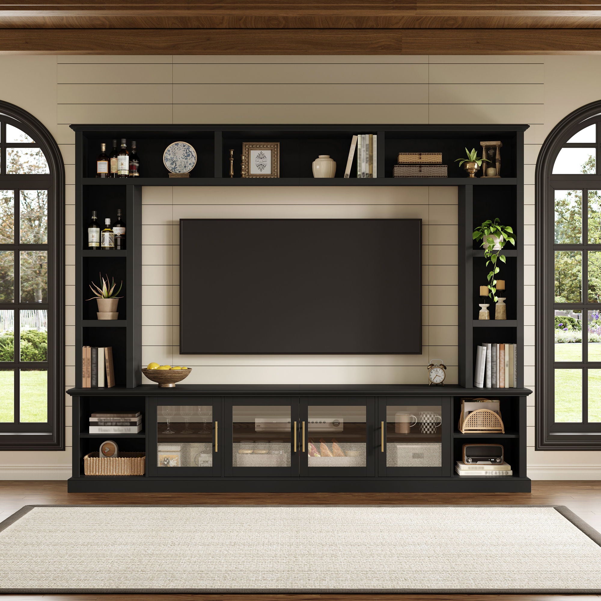 All-In-One Entertainment Center With Bookshelves &amp; Tempered Glass Doors, TV Console Unit For Living Room