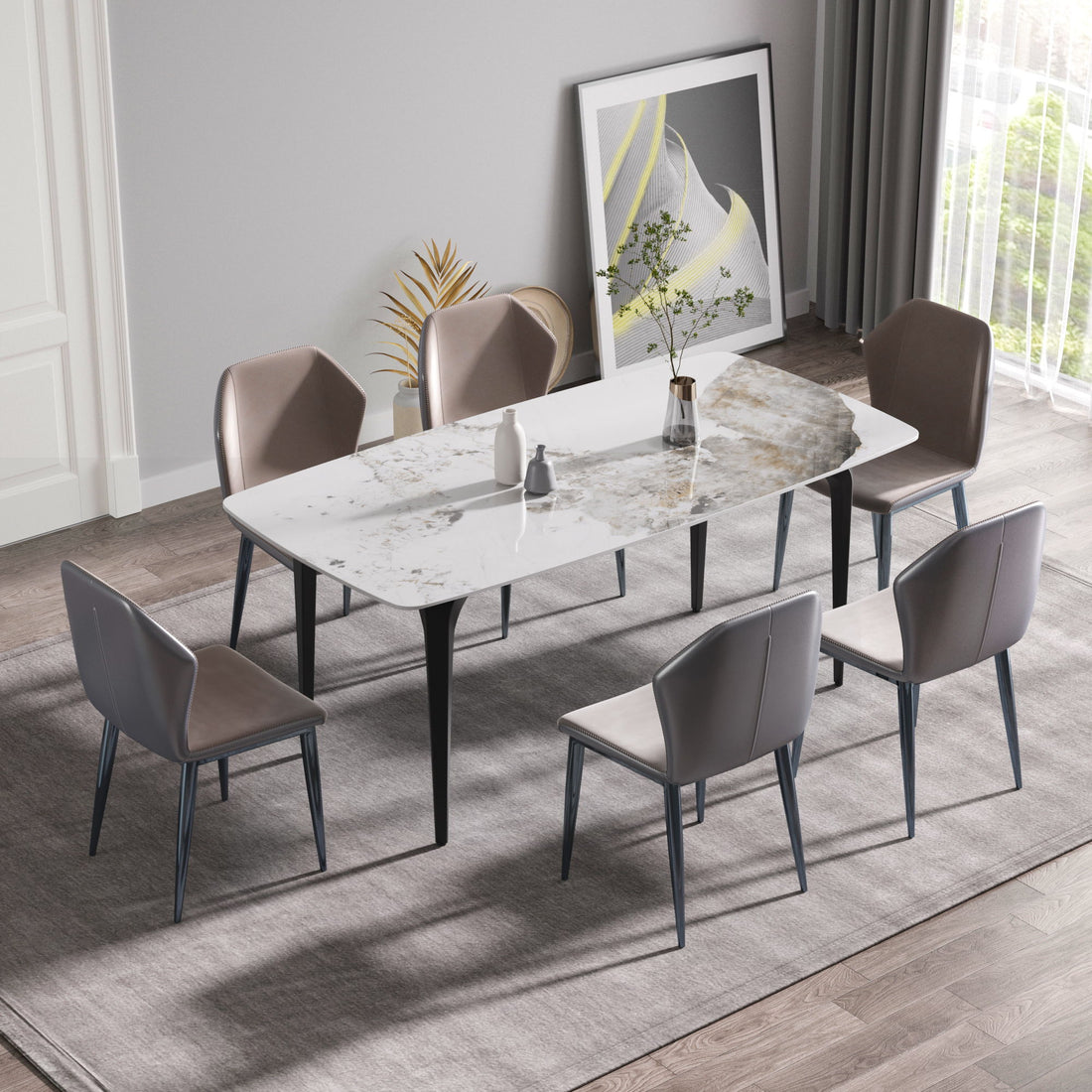 70.87&quot; Modern Artificial Stone Pandora White Curved Black Metal Leg Dining Table - Antique White