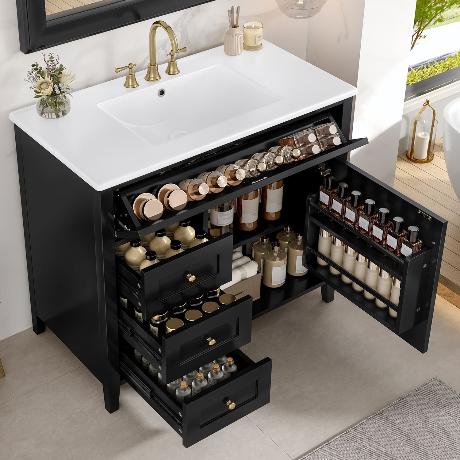 Bathroom Vanity With Sink, 3 Drawers &amp; Cabinet With Adjustable Shelves