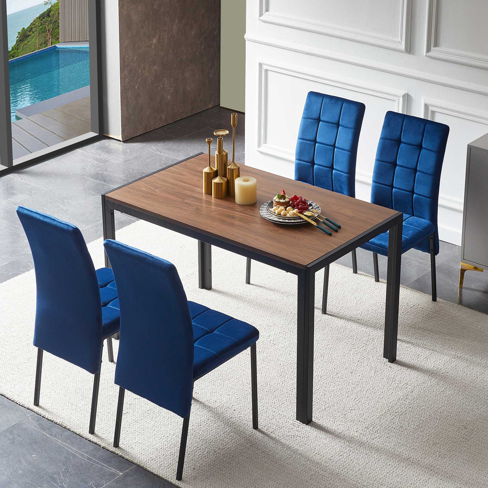 5 Piece Dining Set Including Velvet High Back Nordic Dining Chair &amp; Creative Design Dining Table