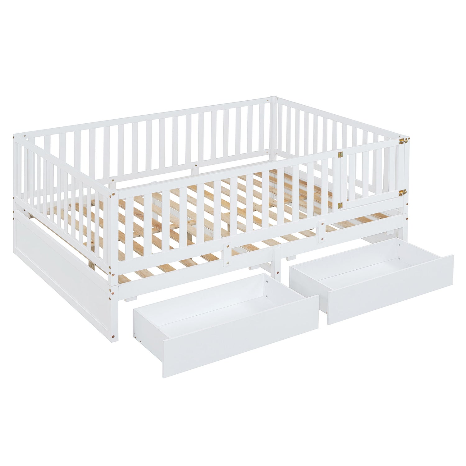 Daybed With Fence Guardrails And 2 Drawers, Split Into Independent Floor Bed &amp; Daybed
