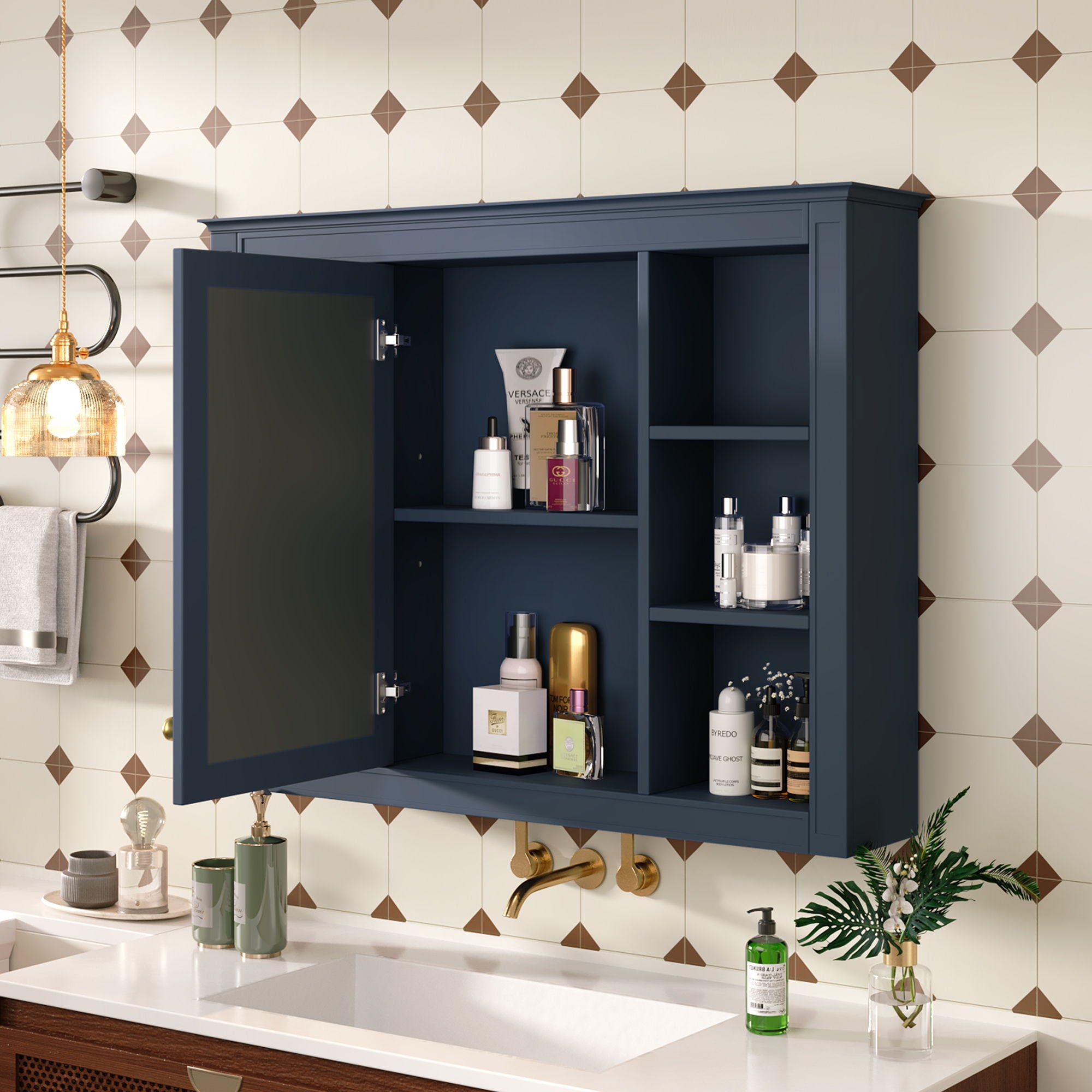 Wall Mounted Medicine Cabinet With Mirror, Storage Cabinet Featuring 6 Open Shelves And Adjustable Interior
