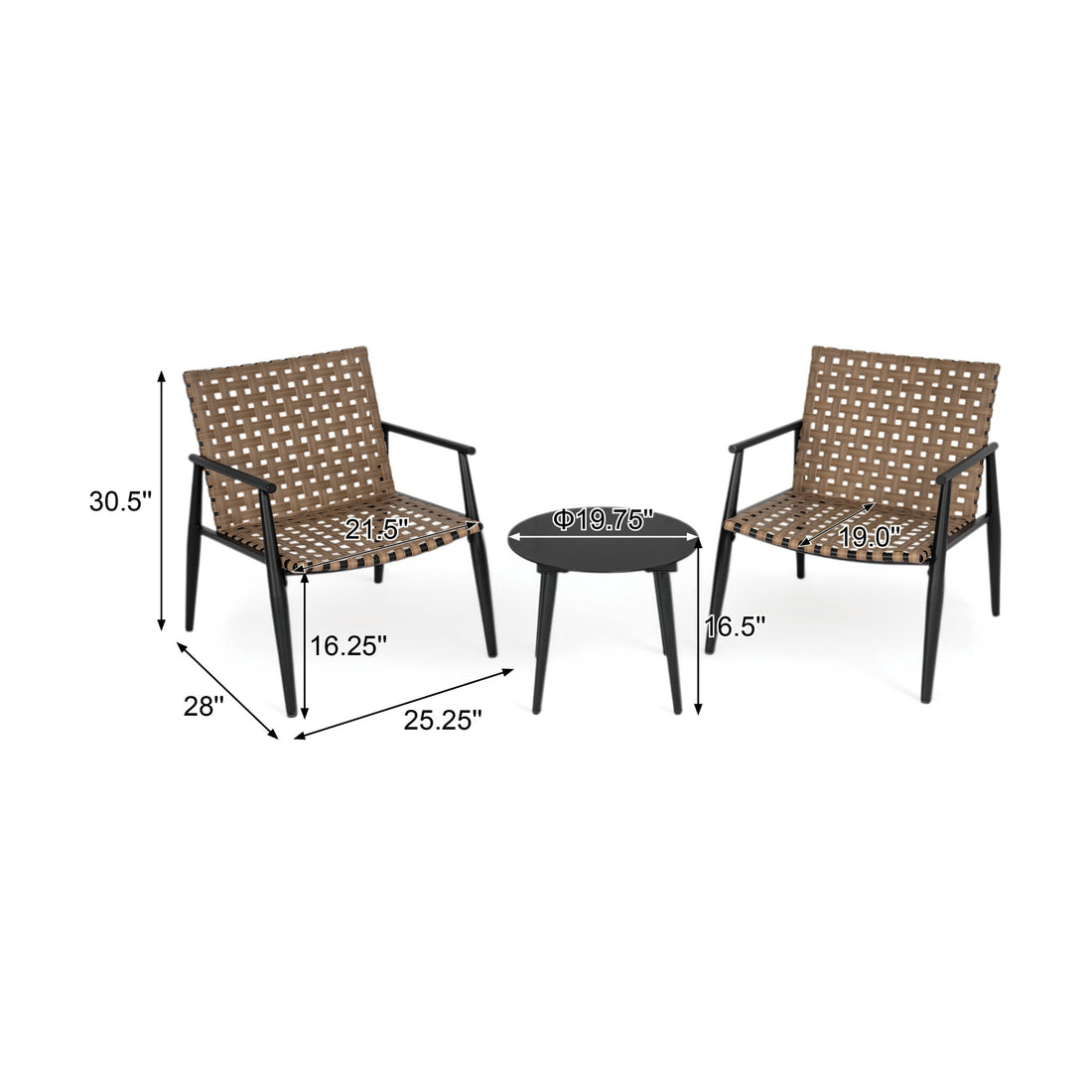 Outdoor Chat Set, 2 Chairs &amp; Side Table - Black / Brown