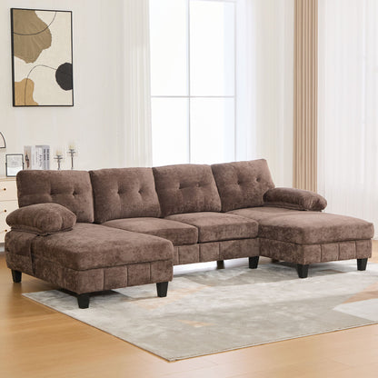 U-Shaped Sectional Sofa 103.5&quot; Black Chenille Fabric Couch With Dual Chaise Lounges, Storage Pockets, Armrest Pillows