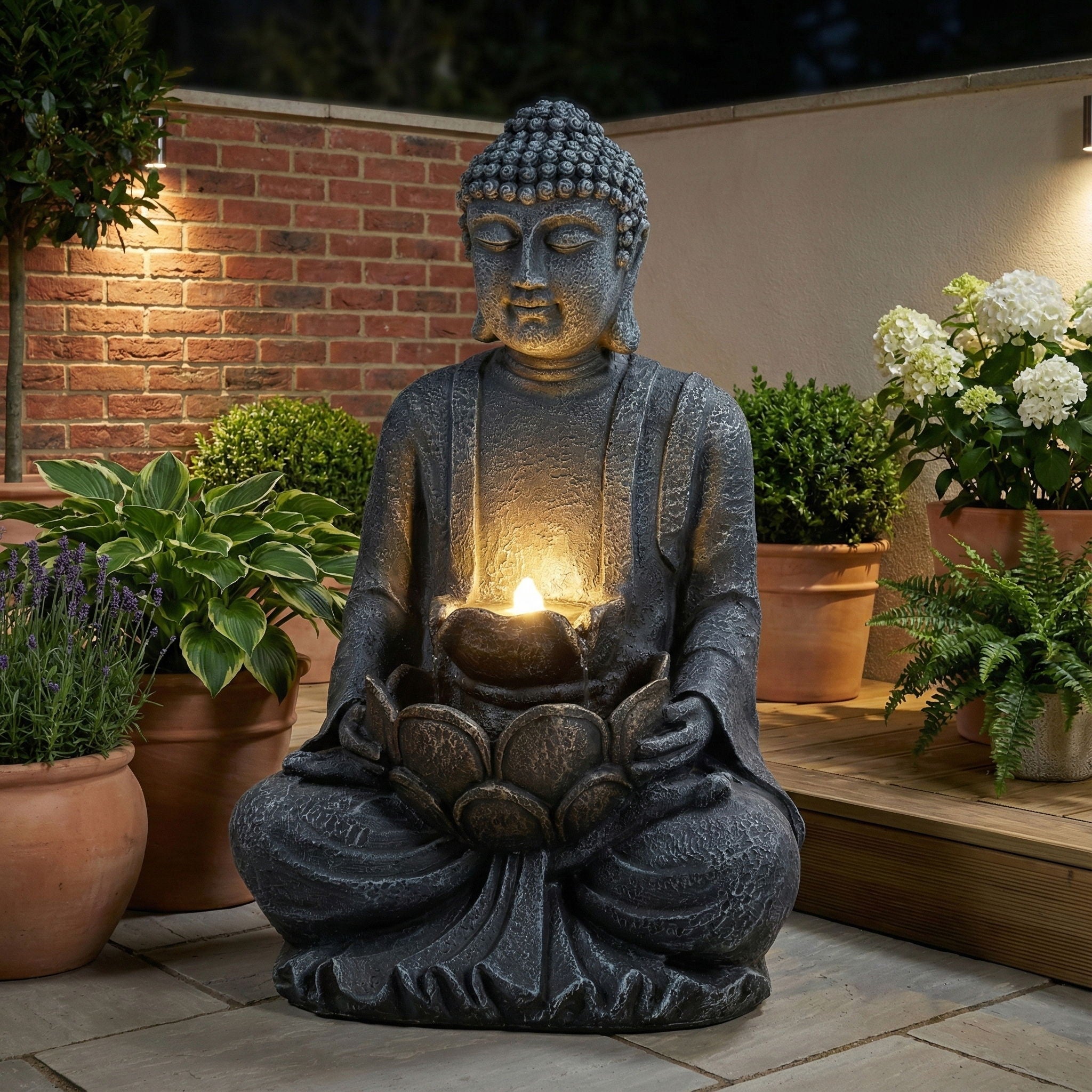 Zen - 2 Tier Meditating Buddha Water Fountain With Pump &amp; LED Light - Gray