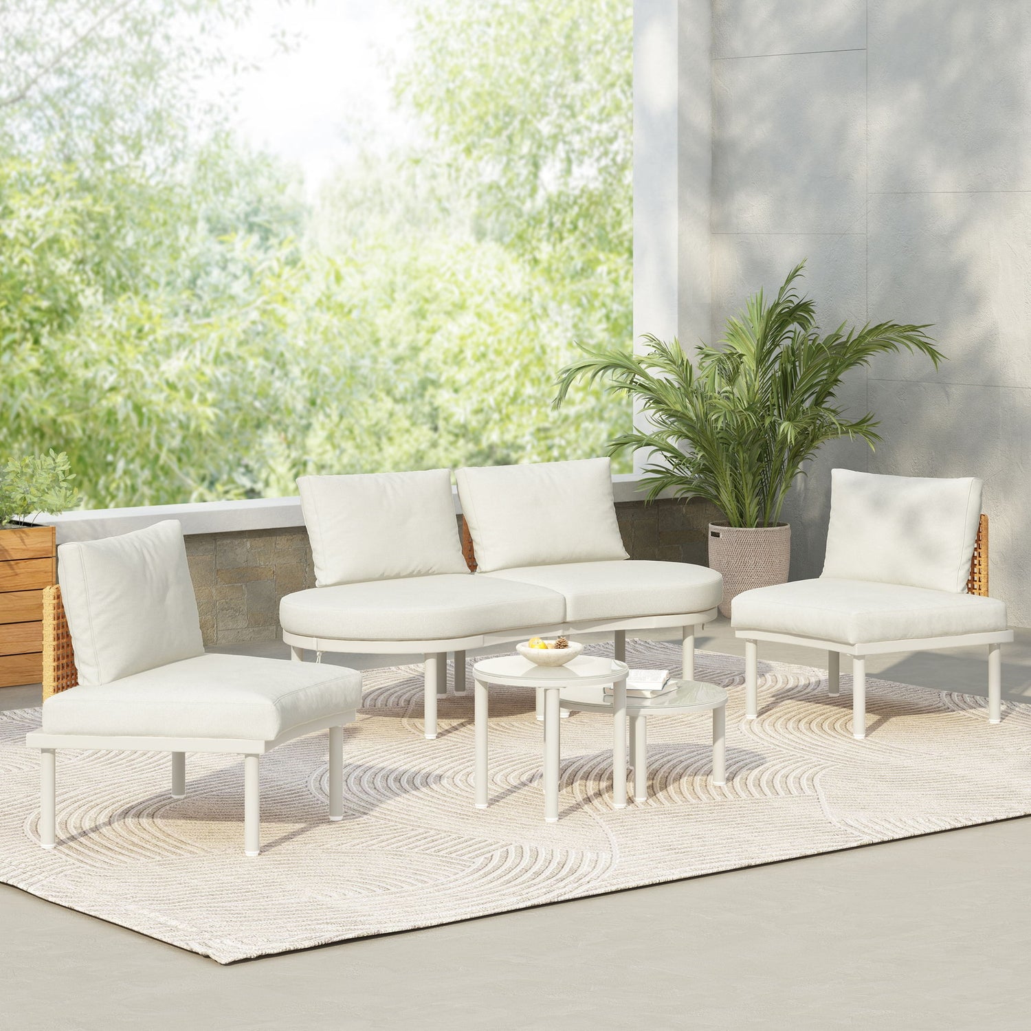 6 Piece Patio Set, Half Moon Outdoor Sectional Sofa With 2 High Low Coffee Tables, 4 Pillows &amp; Cushions