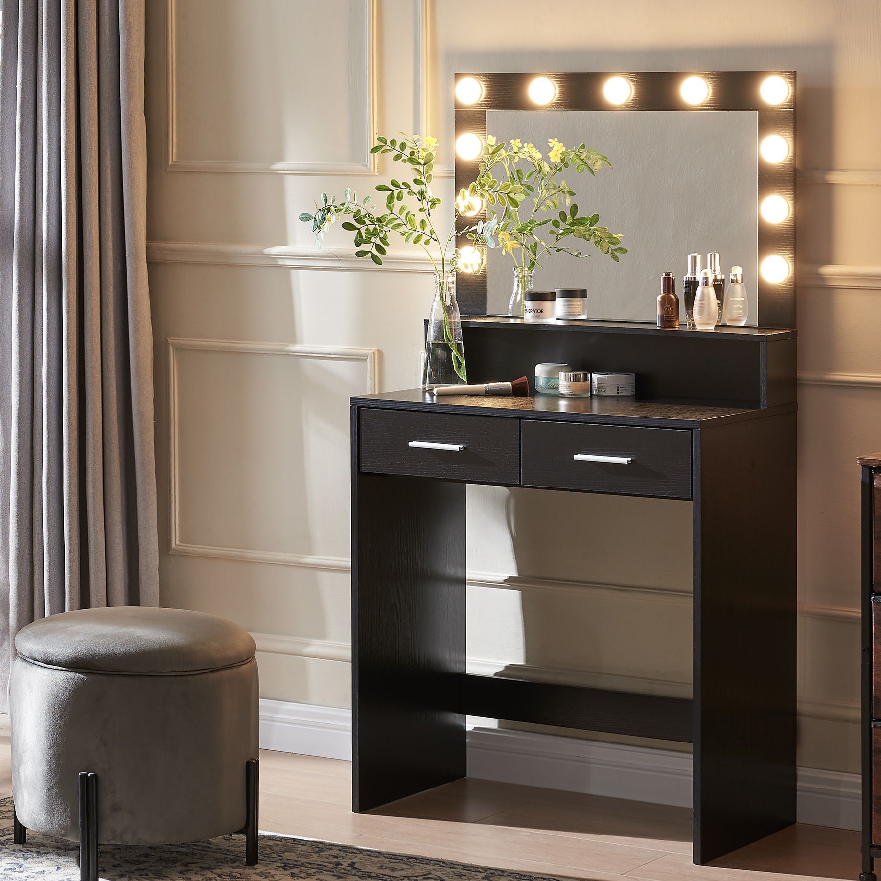 Vanity Desk With Mirror And Lights, Dressing Table With Large Drawer, 2 Level Storage Dresser &amp; 3 Lighting Modes Adjustable Brightness, Suitable For Bedroom