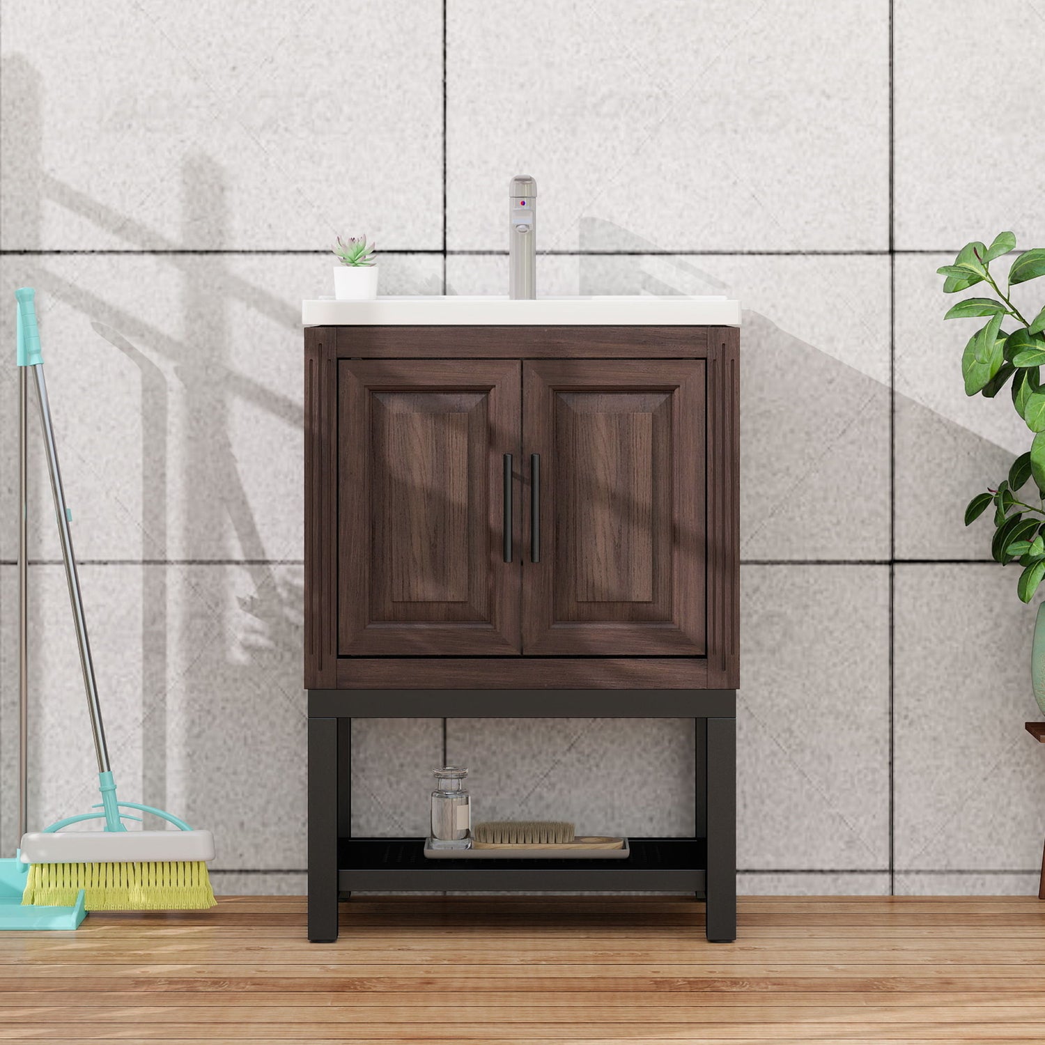 Modern Freestanding Bathroom Vanity With Ceramic Sink, Hot And Cold Faucet, Storage Cabinet &amp; Open Shelf
