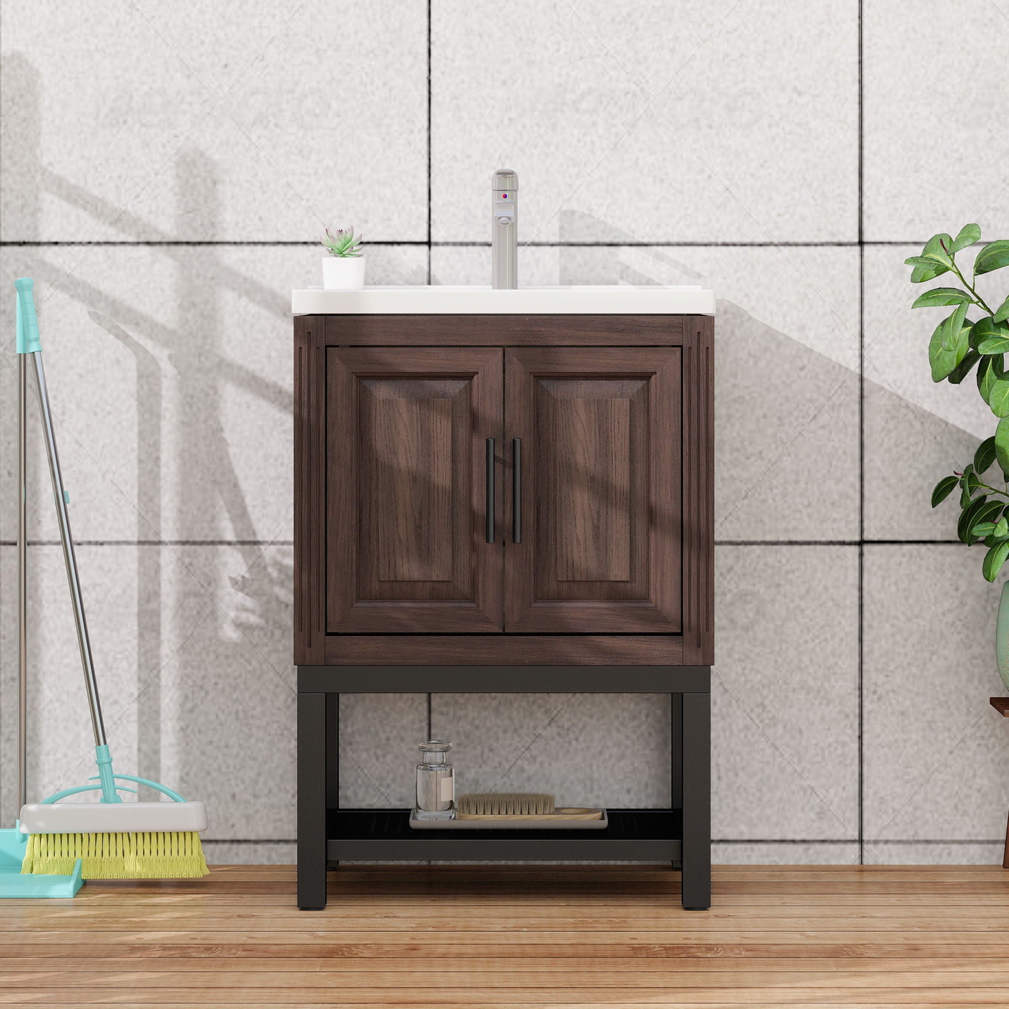 Modern Freestanding Bathroom Vanity With Ceramic Sink, Hot And Cold Faucet, Storage Cabinet &amp; Open Shelf