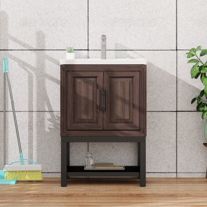 Modern Freestanding Bathroom Vanity With Ceramic Sink, Hot And Cold Faucet, Storage Cabinet &amp; Open Shelf
