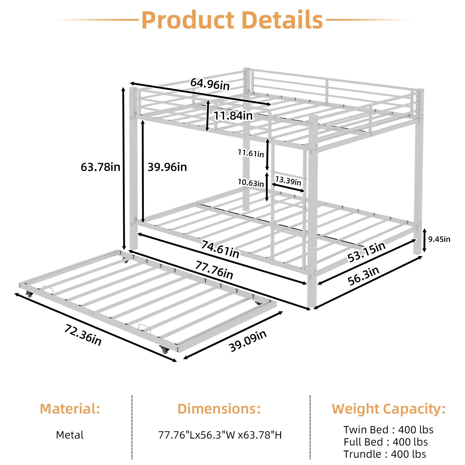 Bunk Bed For Kids, Convertible Frame With Ladders &amp; Guardrail