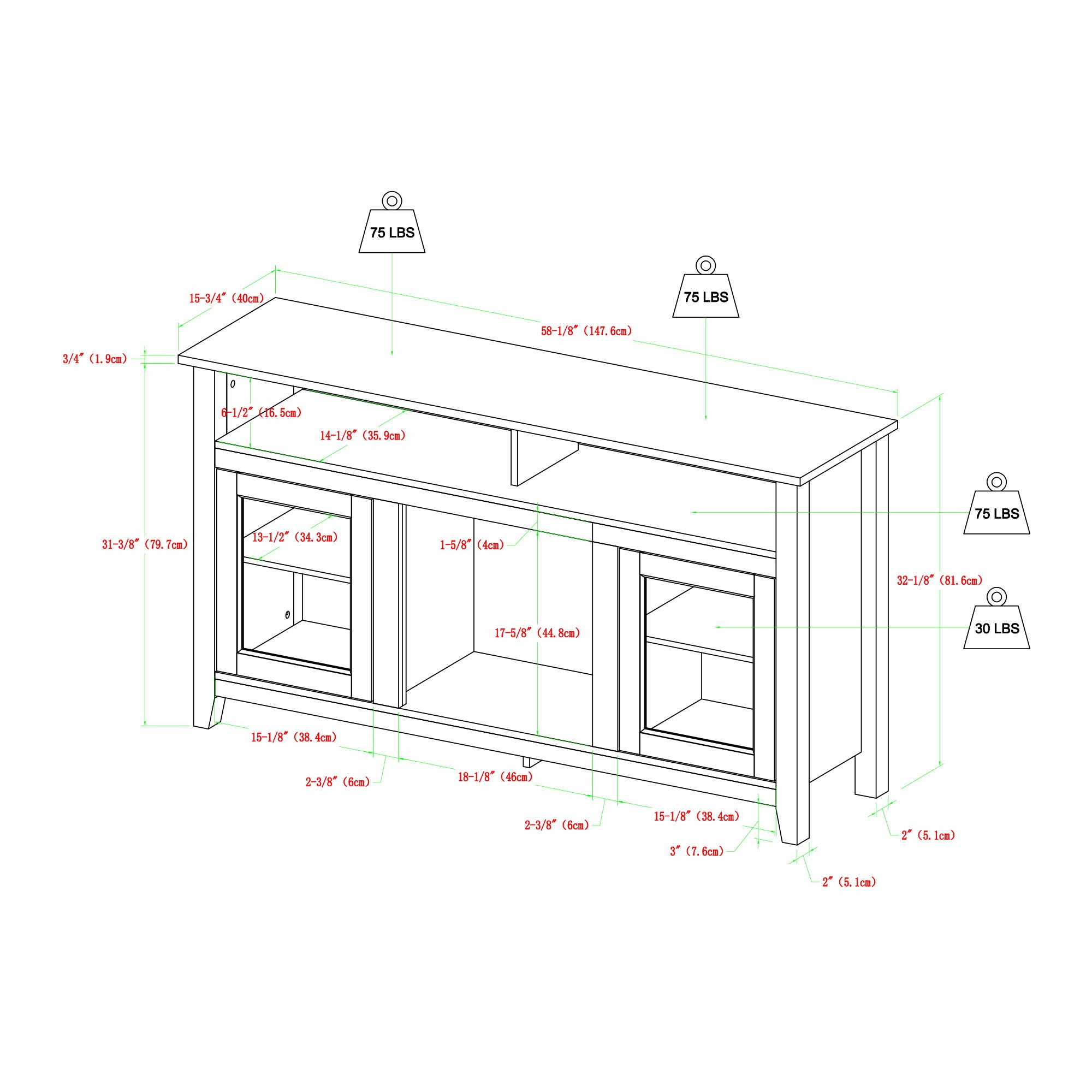 Classic Glass Door Fireplace Tall TV Stand For TVs Up To 65&quot;