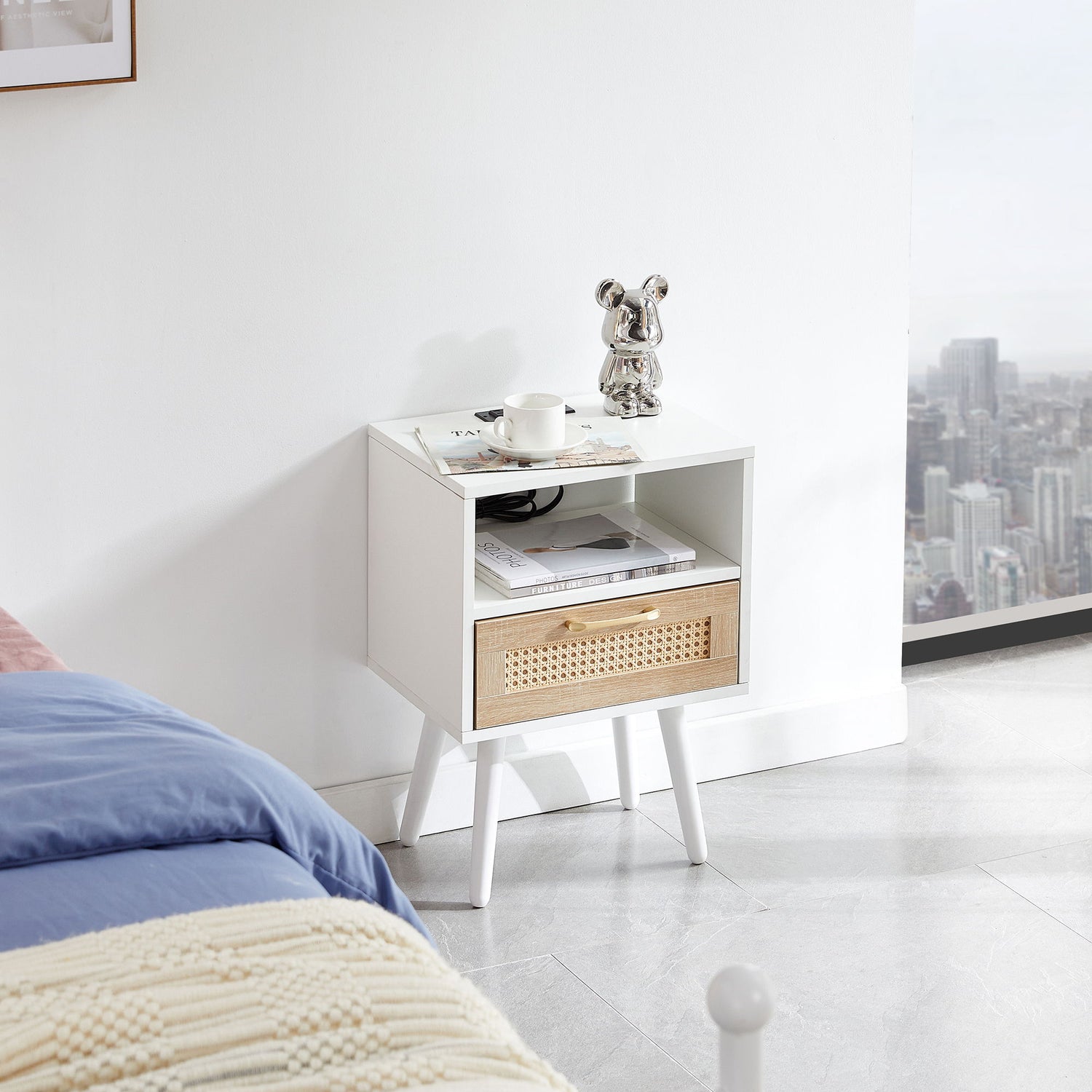 15.75&quot; Rattan End Table With Power Outlet &amp; USB Ports, Modern Nightstand With Drawer And Solid Wood Legs, Side Table For Living Room, Bedroom