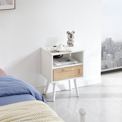 15.75&quot; Rattan End Table With Power Outlet &amp; USB Ports, Modern Nightstand With Drawer And Solid Wood Legs, Side Table For Living Room, Bedroom