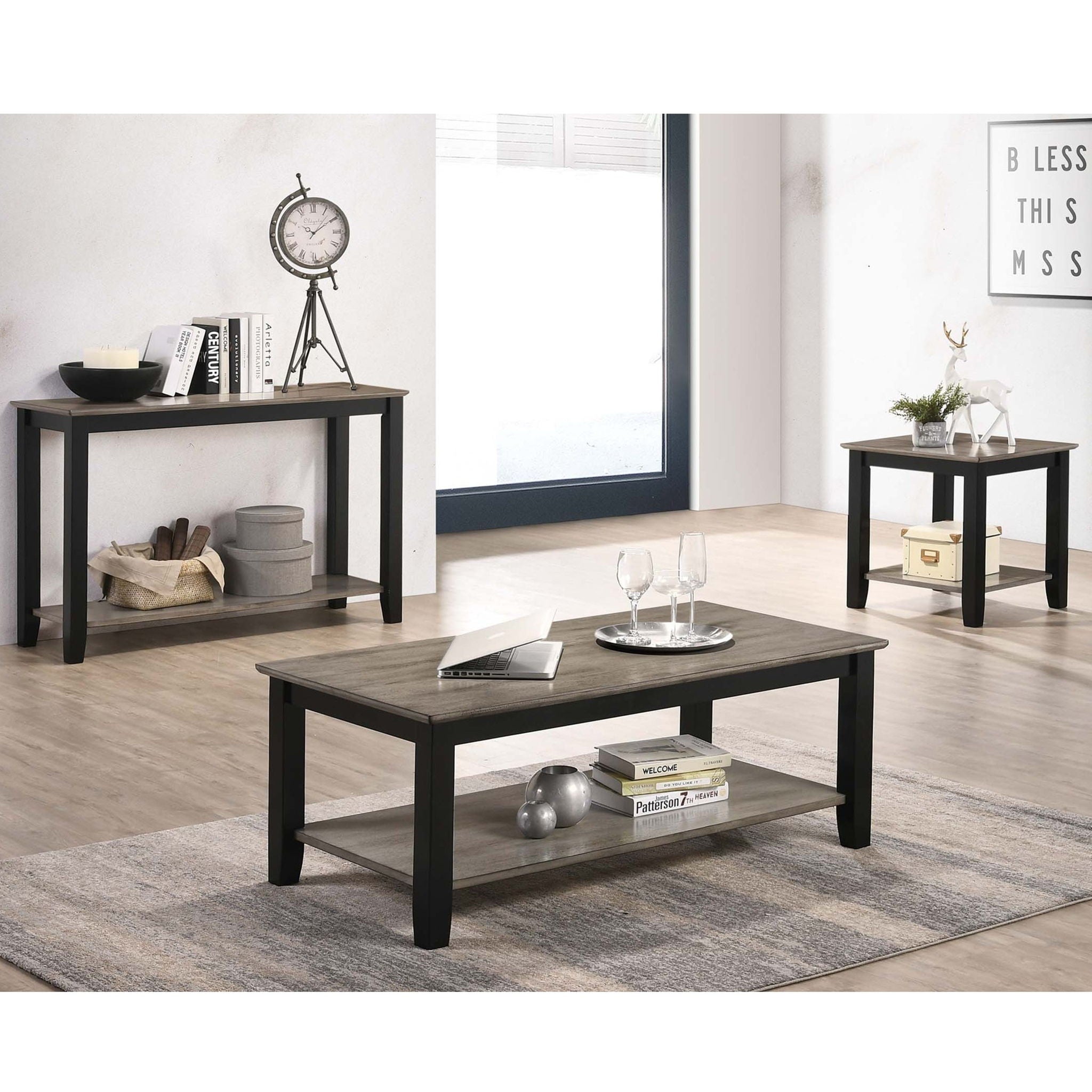 3 Piece Table Set With Open Shelf Storage, Includes Coffee, End &amp; Console Table - Black / Black / Gray / Gray