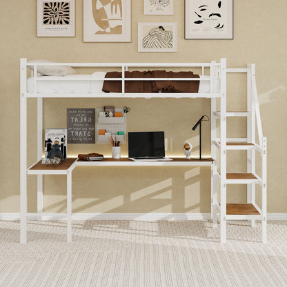 Loft Bed &amp; L-Shaped Desk, Large Storage Space