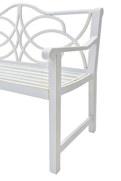 Outdoor Garden Patio Bench With Backrest And Armrest, Slatted Seat For Park, Yard &amp; Porch, Balcony, Accommodates 2 - 3 People - White