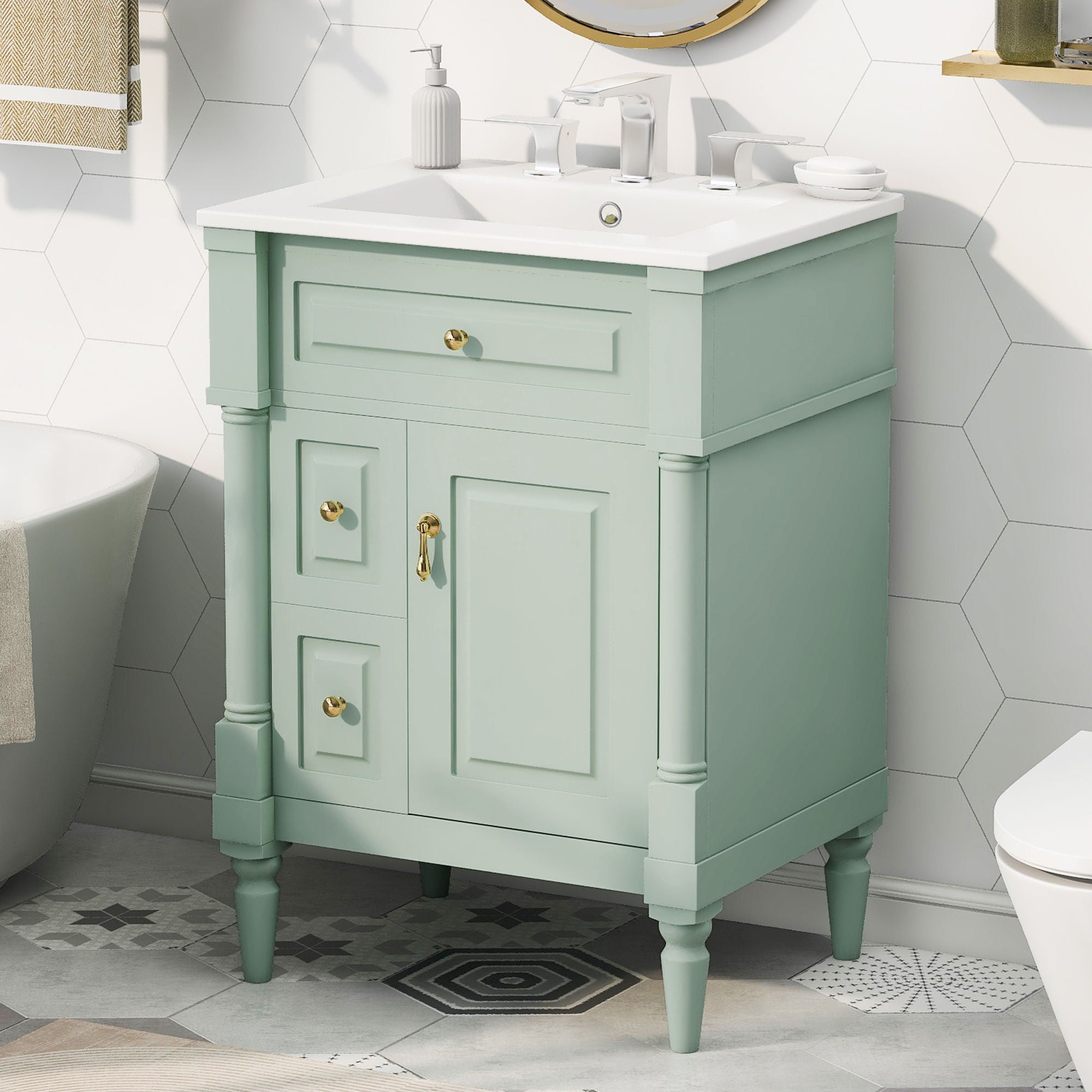 Freestanding Bathroom Vanity With Sink, Adjustable Shelf &amp; Flip Drawer