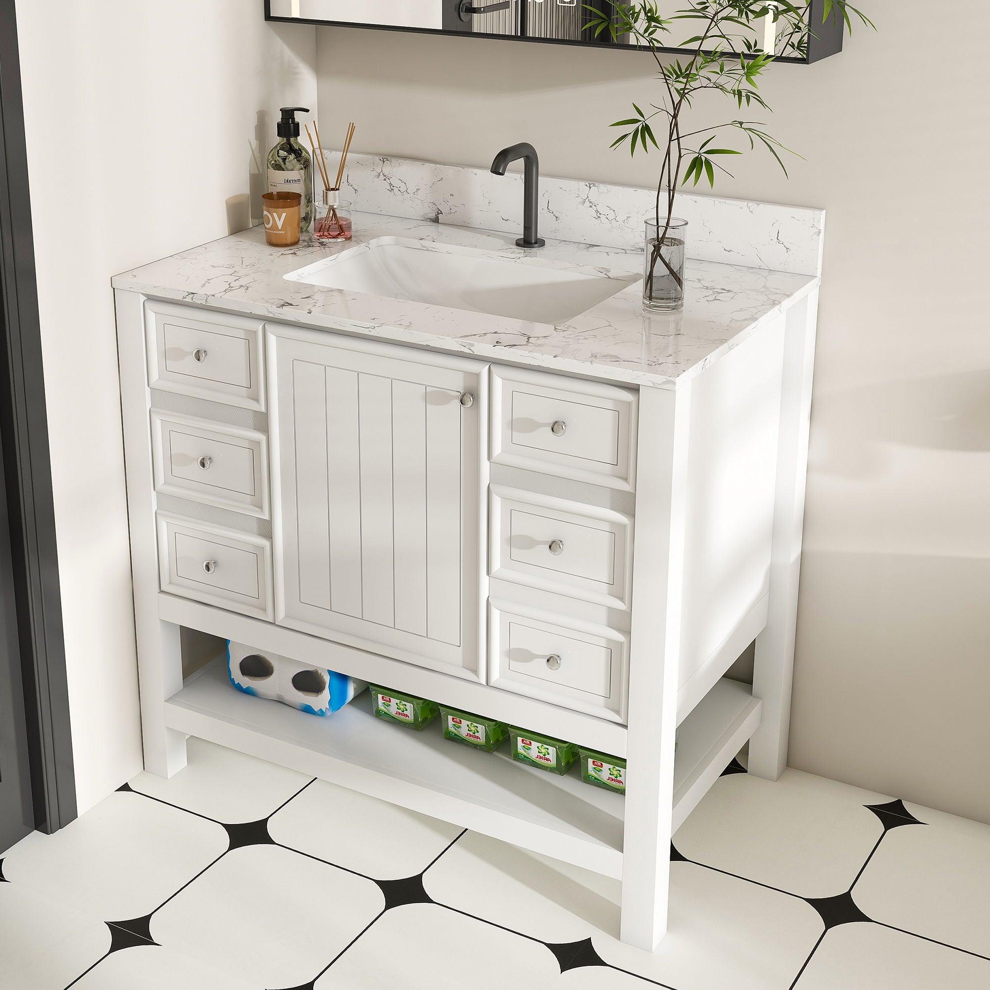 37&quot; Bathroom Vanity, Multi Functional Cabinet With Doors And Drawers, Frame, Single Faucet Hole - White