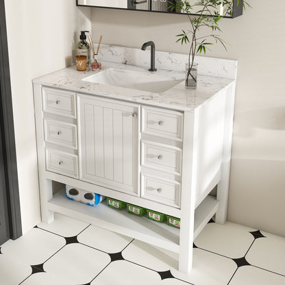 37&quot; Bathroom Vanity, Multi Functional Cabinet With Doors And Drawers, Frame, Single Faucet Hole - White