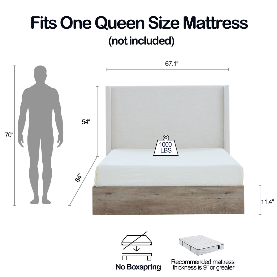 Shelton - Queen Upholstered Wingback Bed With 54&quot; High Headboard - Ivory / Light Gray / Camel Oak