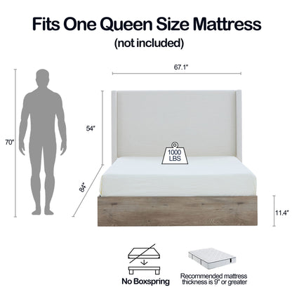 Shelton - Queen Upholstered Wingback Bed With 54&quot; High Headboard - Ivory / Light Gray / Camel Oak