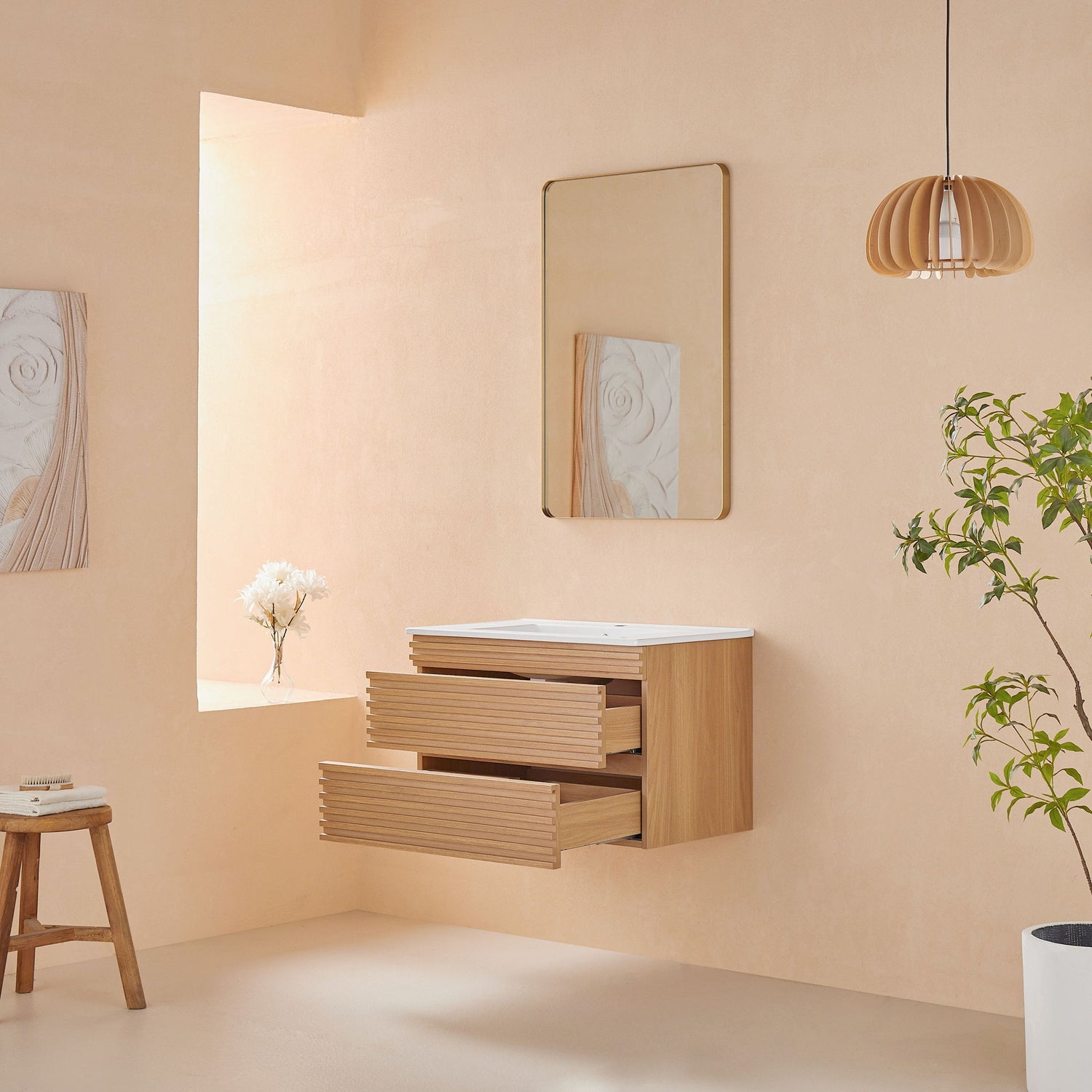 Wall Mounted &amp; Floating Single Vanity With Ceramic Sink - Natural Walnut