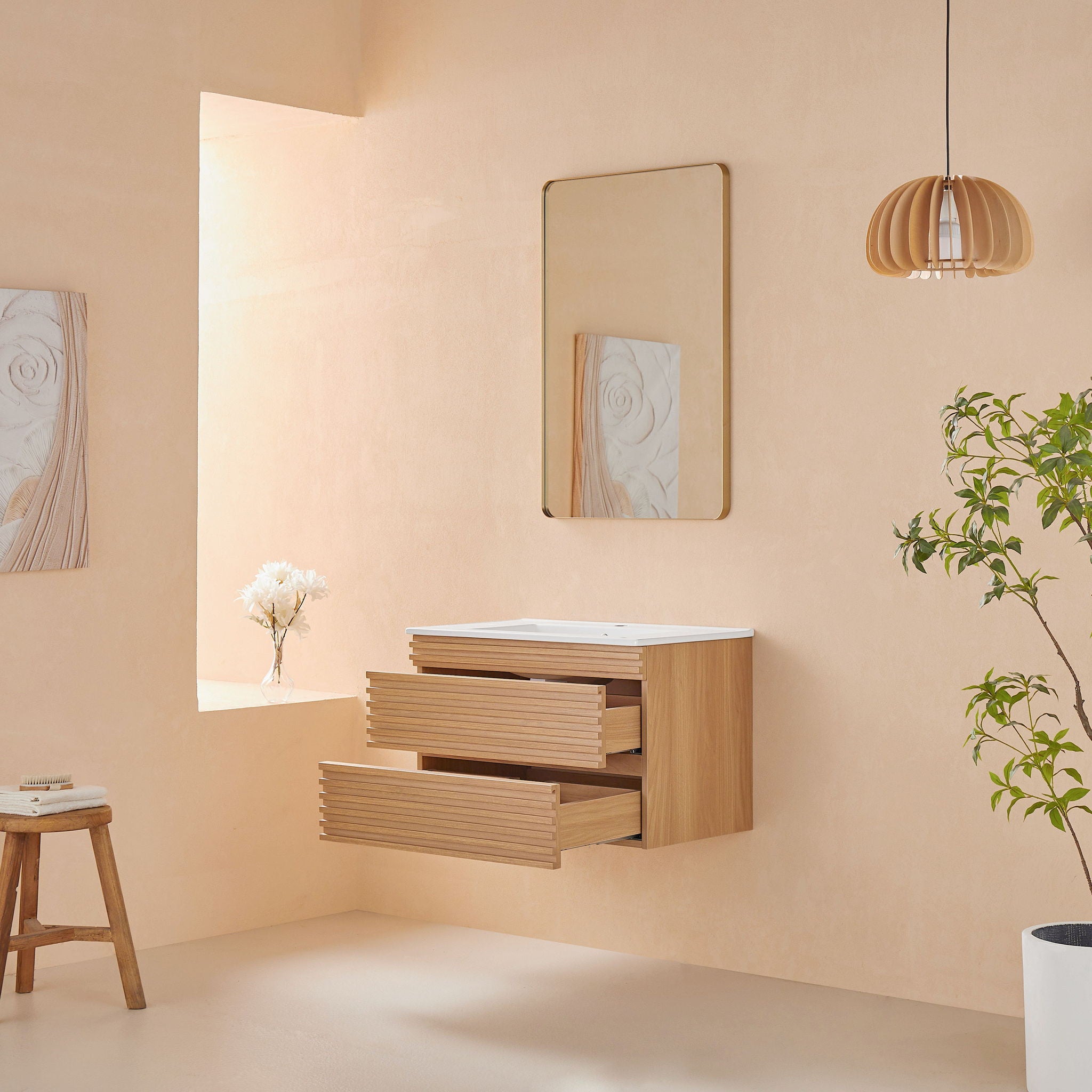 Wall Mounted &amp; Floating Single Vanity With Ceramic Sink - Natural Walnut