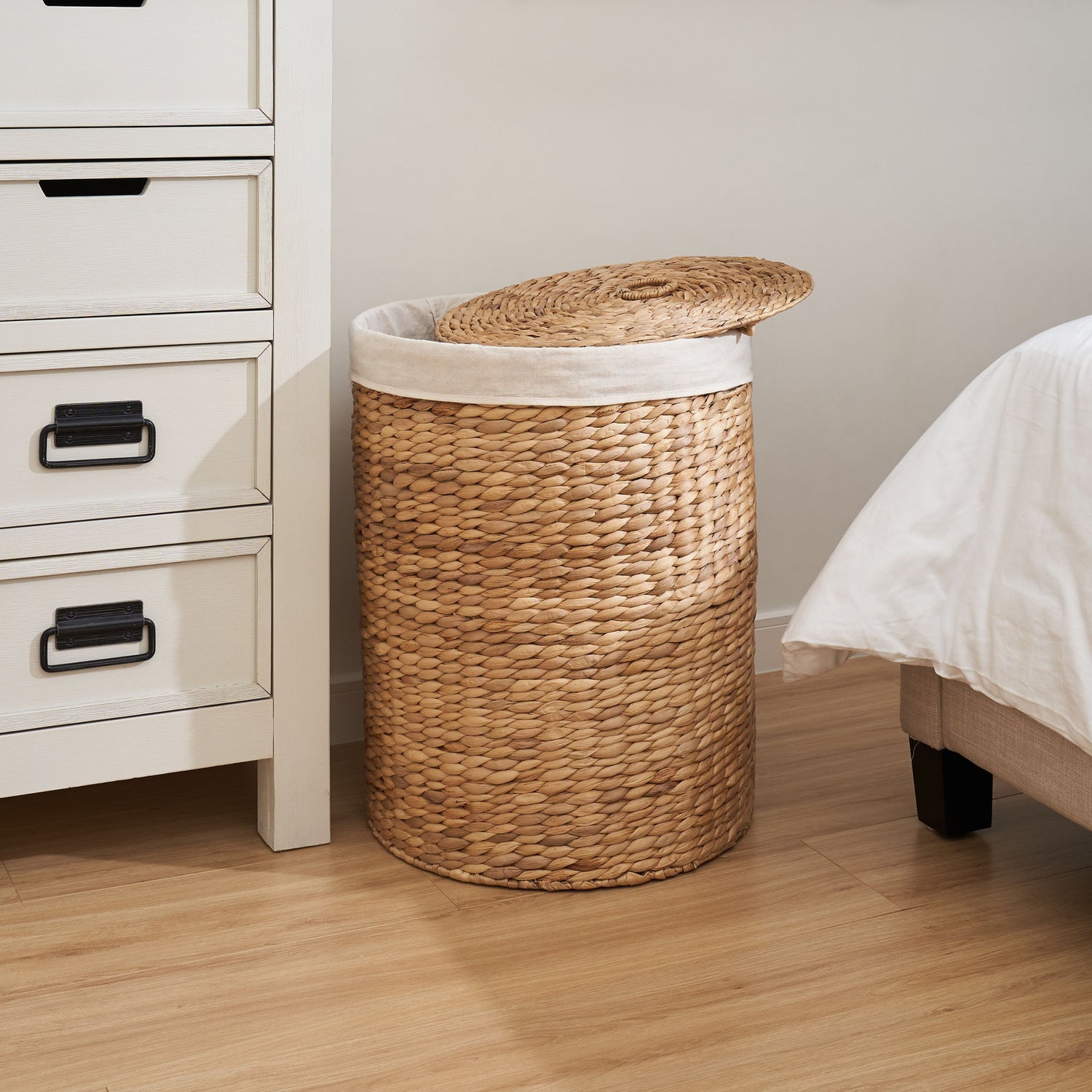 Round Tall Water Hyacinth Woven Wicker Laundry Hamper With Lid - For Clothes, Canvas, Toys And Book Storage With Removable Liner - 15&quot; X 15&quot; X 20&quot; - Natural Brown