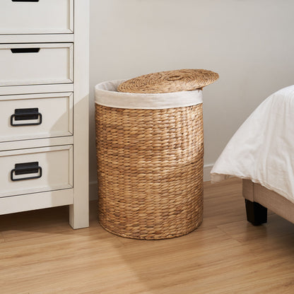 Round Tall Water Hyacinth Woven Wicker Laundry Hamper With Lid - For Clothes, Canvas, Toys And Book Storage With Removable Liner - 15&quot; X 15&quot; X 20&quot; - Natural Brown