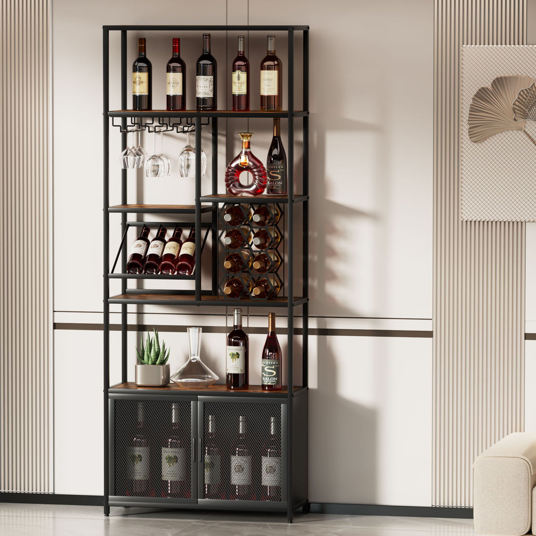 82.7&quot; Industrial Standing Wine Rack With Glass Rack Tall Freestanding Floor Bar Cabinet - Walnut / Black