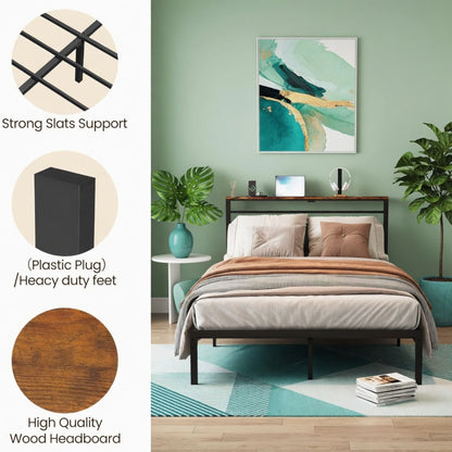 Platform Bed Frame With Charging Station &amp; Headboard Shelves