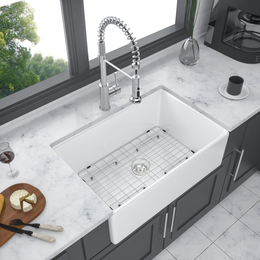 Sink 30&quot; Apron Front Reversible Single Bowl Kitchen Sink With Grid, Strainer - White