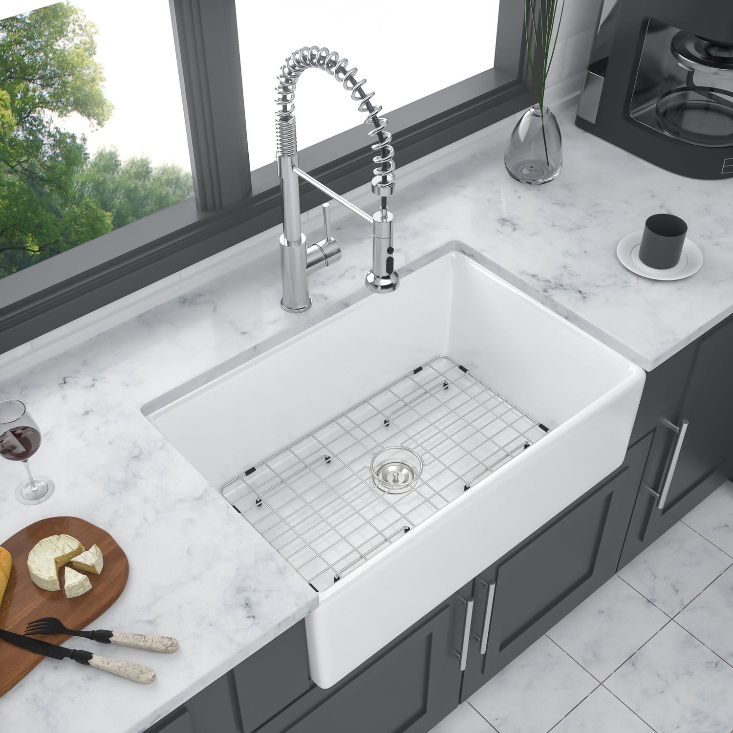 Sink 30&quot; Apron Front Reversible Single Bowl Kitchen Sink With Grid, Strainer - White