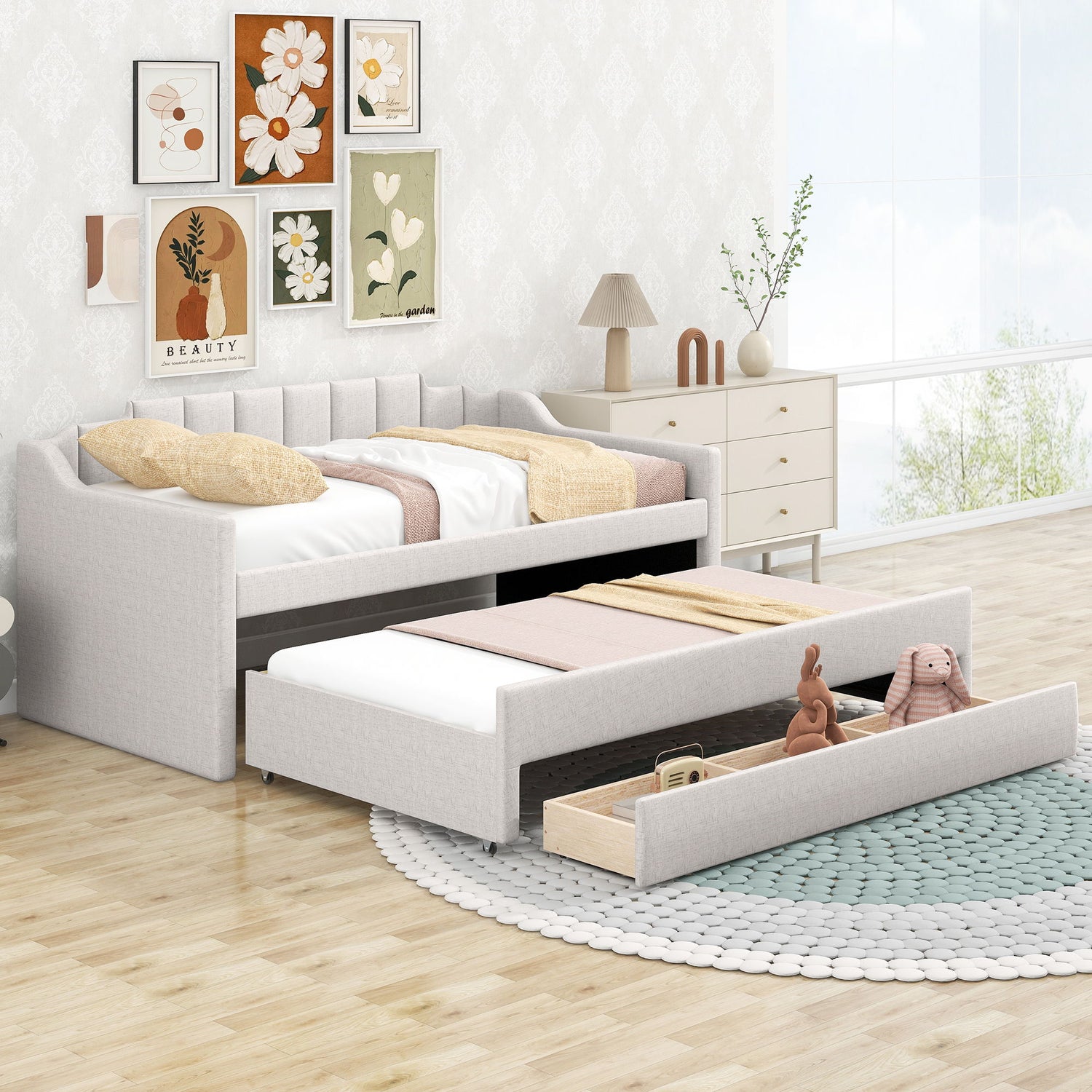 Upholstered Simple Design Daybed With Trundle And 3 Drawers