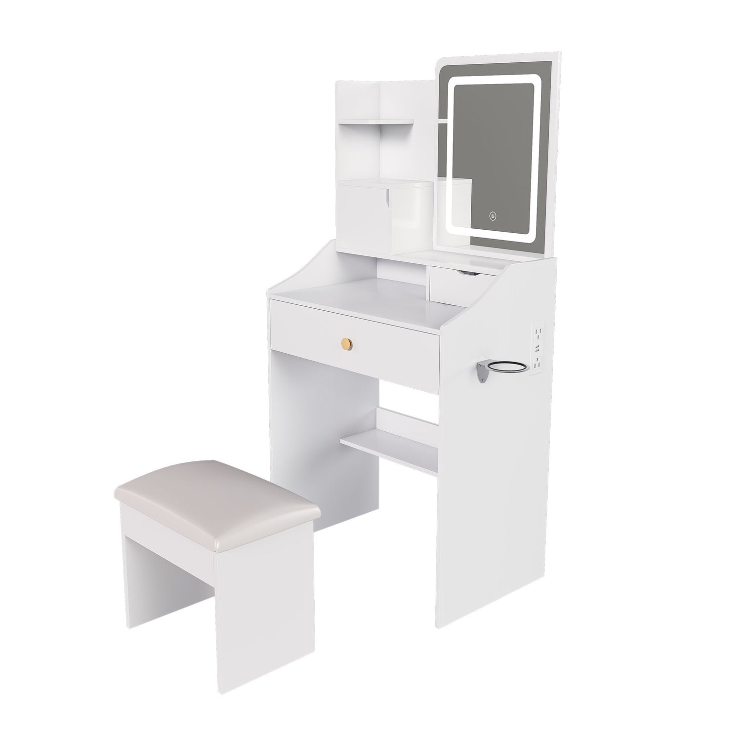 3 Color LED Vanity Mirror With Stool, Dressing Table For Bedroom, 2 Drawers &amp; 5 Storage Cabinets (4 Open + 1 Hidden), Adjustable Lighting - White