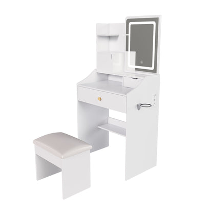 3 Color LED Vanity Mirror With Stool, Dressing Table For Bedroom, 2 Drawers &amp; 5 Storage Cabinets (4 Open + 1 Hidden), Adjustable Lighting - White